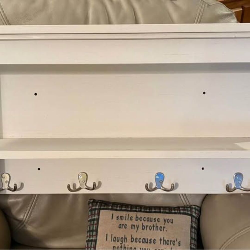 White Wooden Wall Shelf with Hooks brand new never hung